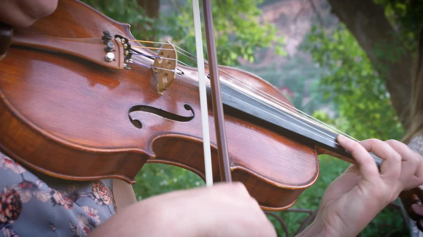 Close-up of the violin mid-performance